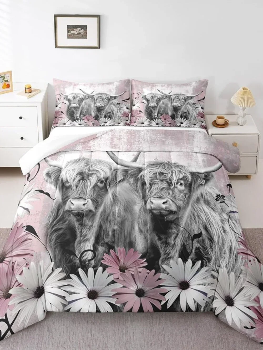 Highland Cow Twin Comforter Set,Western Longhorn Bull Bedding Sets,Pink Cowgirl